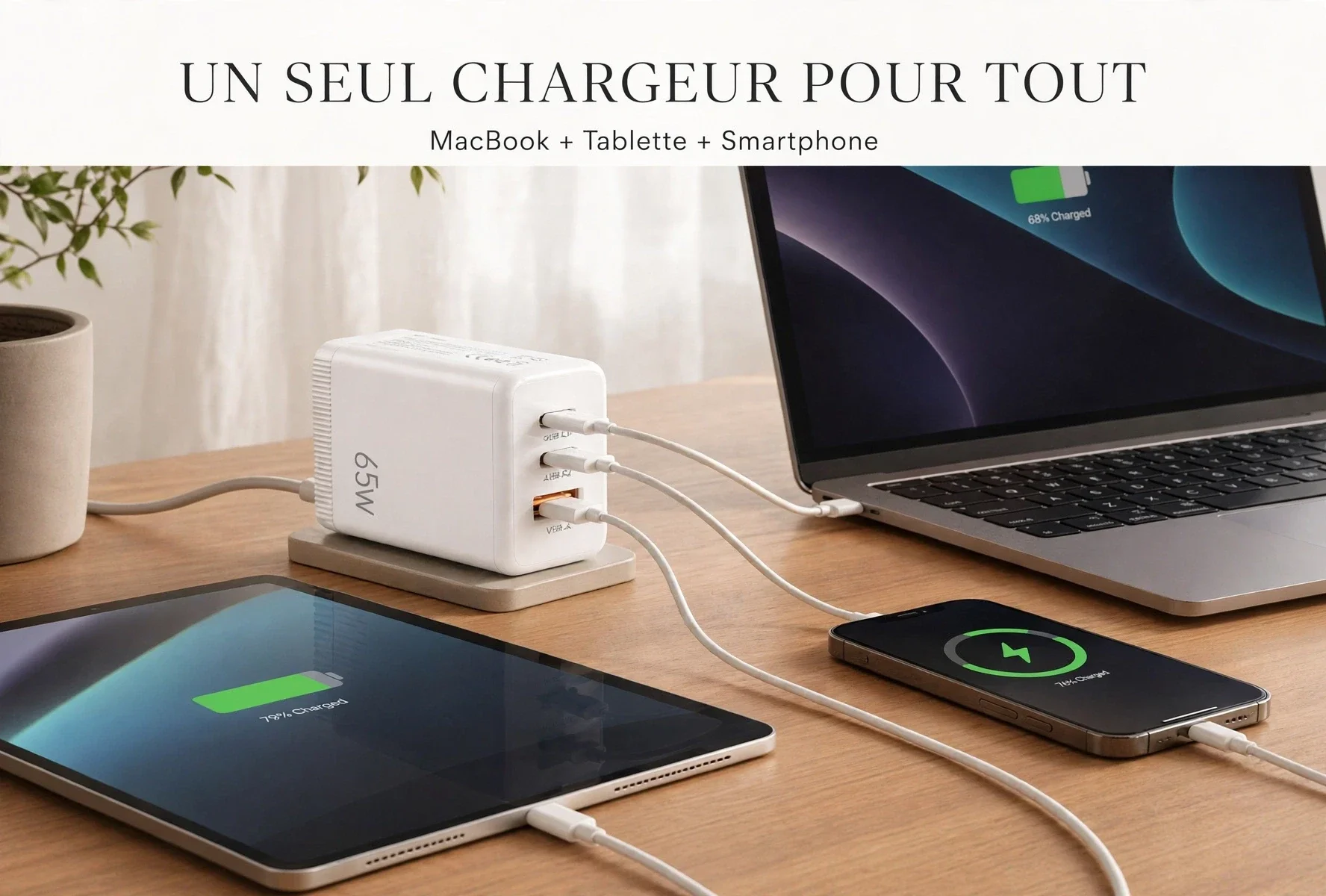 Chargeur Mural GaN 65W Universel – 2x USB-C + USB-A – Charge Rapide MacBook, iPhone, Samsung – Compact et Sur– TechBlend