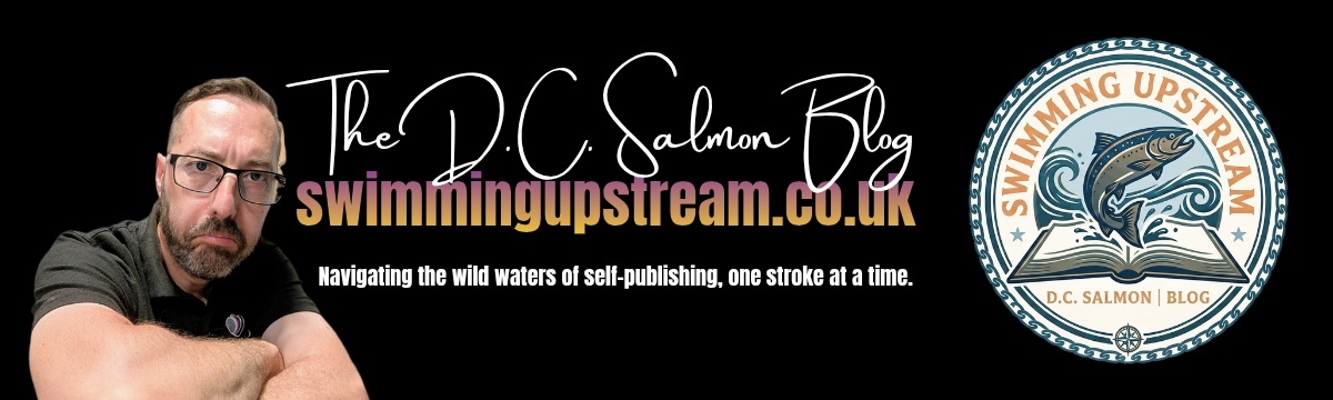 Official banner for The D.C. Salmon Blog at swimmingupstream.co.uk featuring author D.C. Salmon."