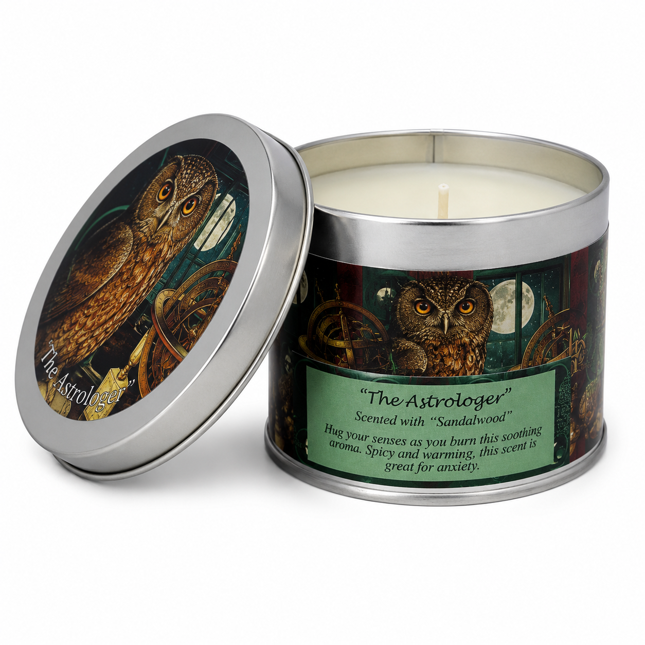 The Astrologer Owl Sandalwood Candle in a Tin