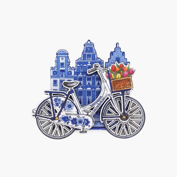 12078 - Magneet mdf fiets draaiende wielen en huisje Amsterdam - delftsblauw