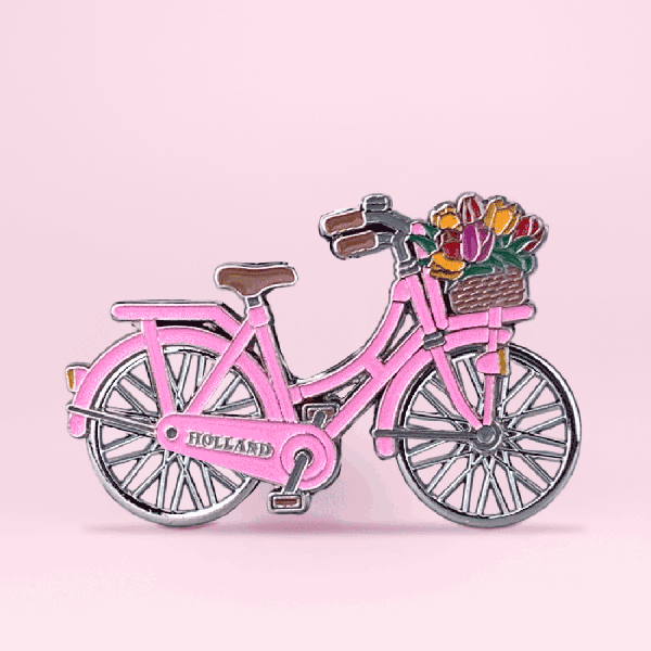 12163 - Magneet metaal fiets draaiende wielen Holland - roze/zilver