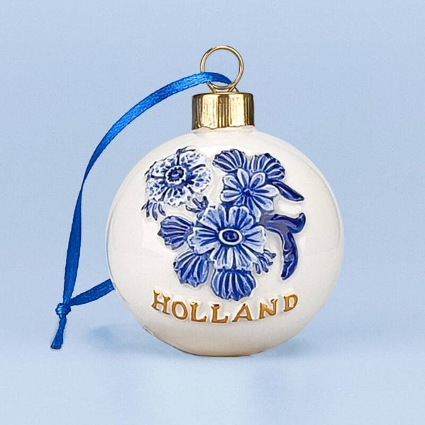 16919 - Kerstornament bloemen - delftsblauw/goud