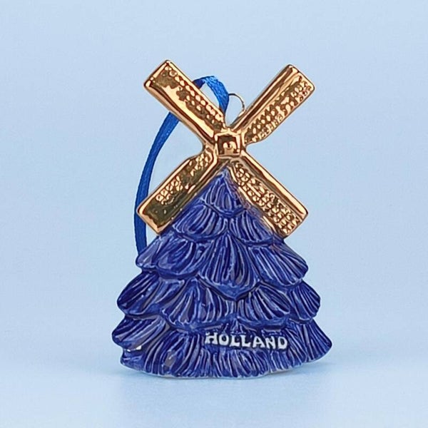 16925 - Kerstornament kerstboom met wieken - delftsblauw/goud