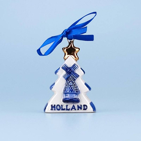 16933 - Kerstornament kerstboom met molen - delftsblauw/goud