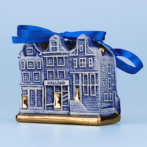 16934 - Kerstornament 3 huisjes - delftsblauw/goud