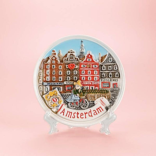 2100 - Bord huisjes met fiets 10 cm Amsterdam - multicolor
