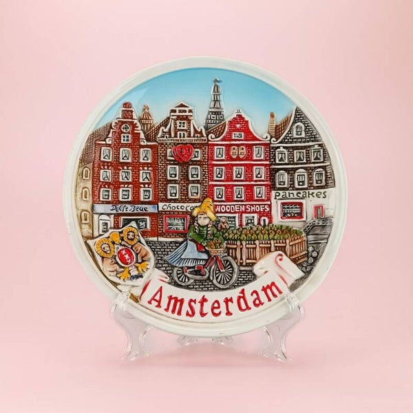 2101 - Bord huisjes met fiets 15 cm Amsterdam - multicolor