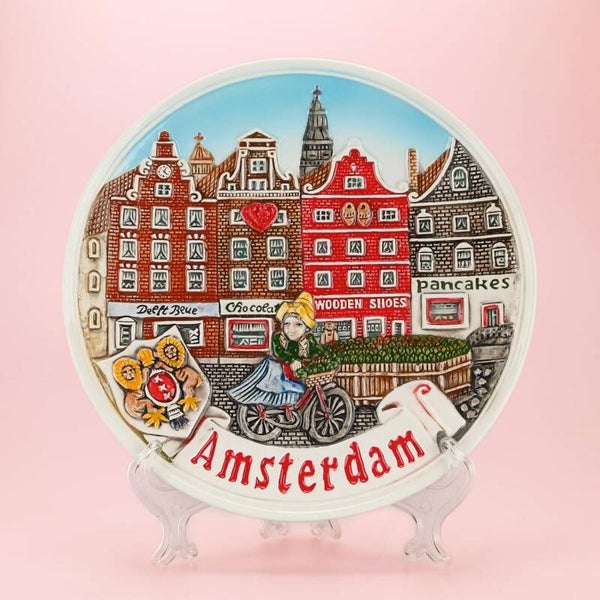 2102 - Bord huisjes met fiets 20 cm Amsterdam - multicolor