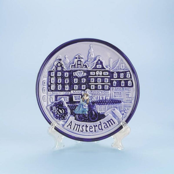 2103 - Bord huisjes met fiets 10 cm Amsterdam - delftsblauw