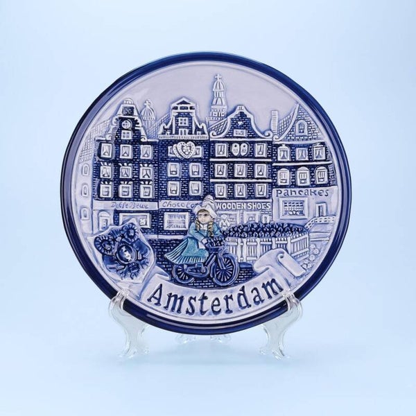 2104 - Bord huisjes met fiets 15 cm Amsterdam - delftsblauw