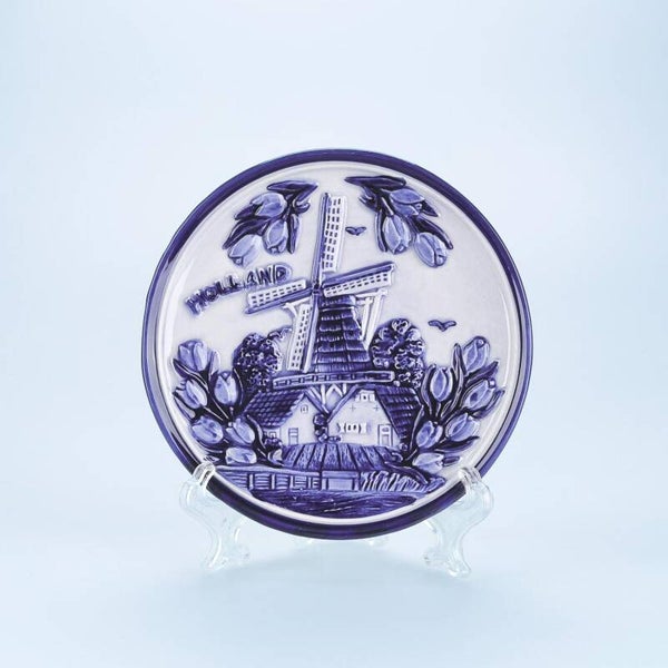 2112 - Bord molen met tulpen 10 cm Holland - delftsblauw