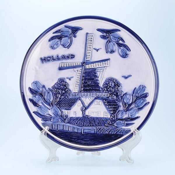 2114 - Bord molen met tulpen 20 cm Holland - delftsblauw