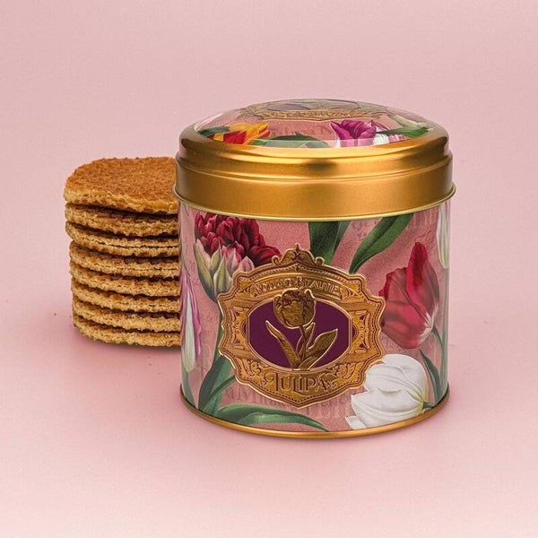 4761 - Blik stroopwafels 'pretty tulips' - roze
