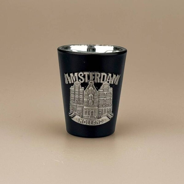 4969 - Shotglas metaal grachtenhuisjes Amsterdam - zwart