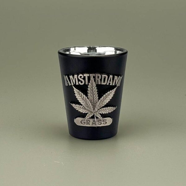 4970 - Shotglas metaal weedblad Amsterdam - zwart