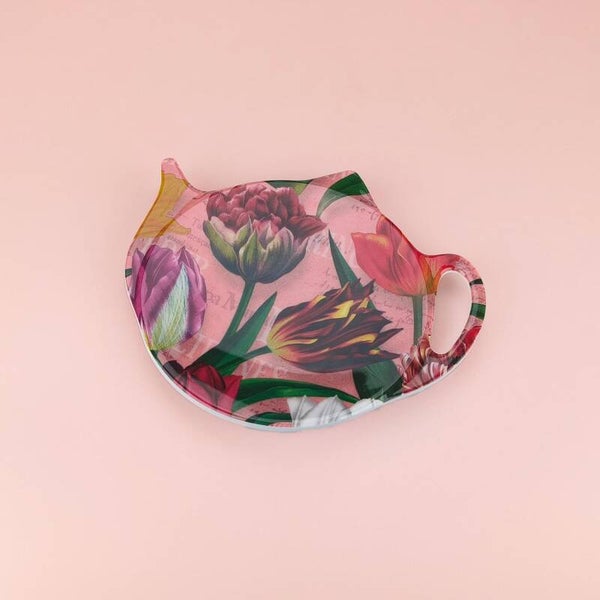8716 -  Theezakjeshouder melamine 'pretty tulips' - roze