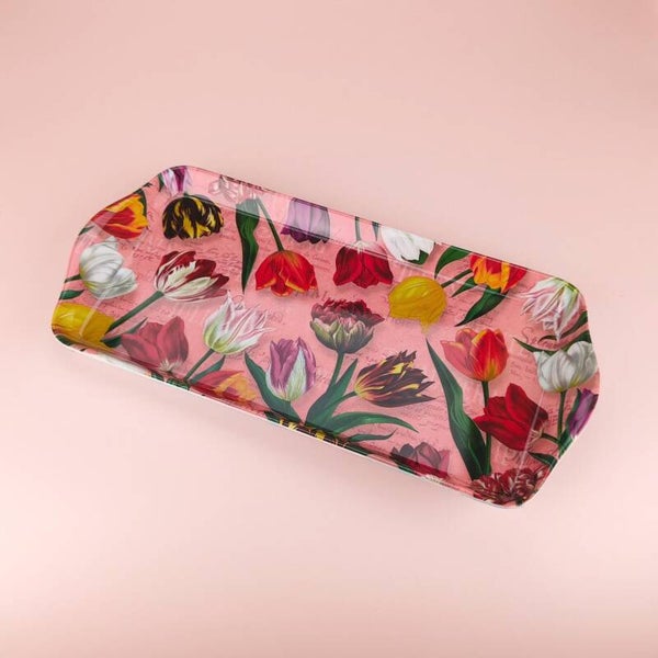 8718 - Dienblad melamine 30x15 cm 'pretty tulips' - roze