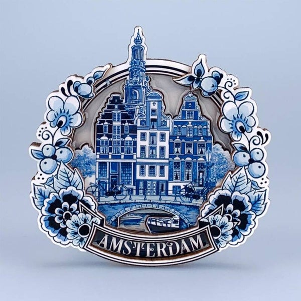 9056 -  Magneet delftsblauw rond huisjes Amsterdam - delftsblauw