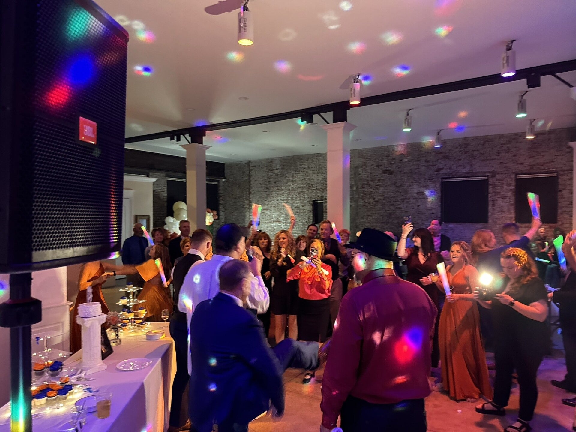Guests dancing at a wedding at City View at Sterling Square in Evansville