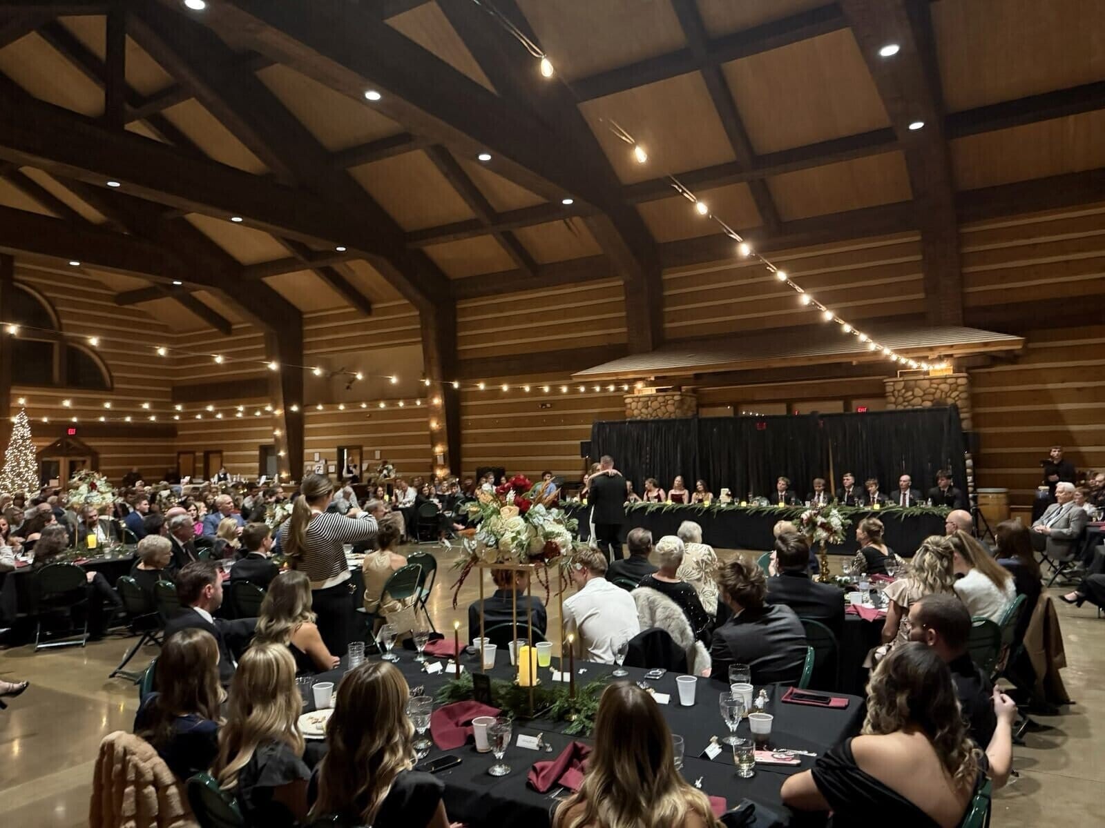 Wedding reception setup inside O’Day Discovery Lodge in Evansville