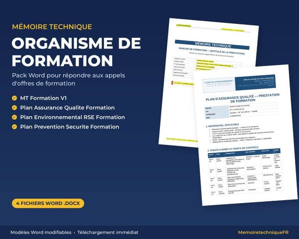 Pack Mémoire Technique Formation Professionnelle — MT + PPSPS + SOGED + SOPAQ
