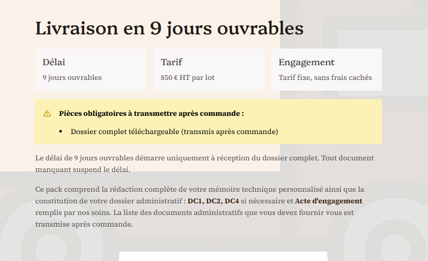 Pack Complet Marchés Publics — Mémoire Technique + Dossier Administratif — 850 € HT