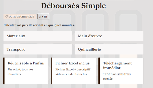 Outil de Chiffrage Déboursés Sec — Artisans et PME du Bâtiment — 25 € HT