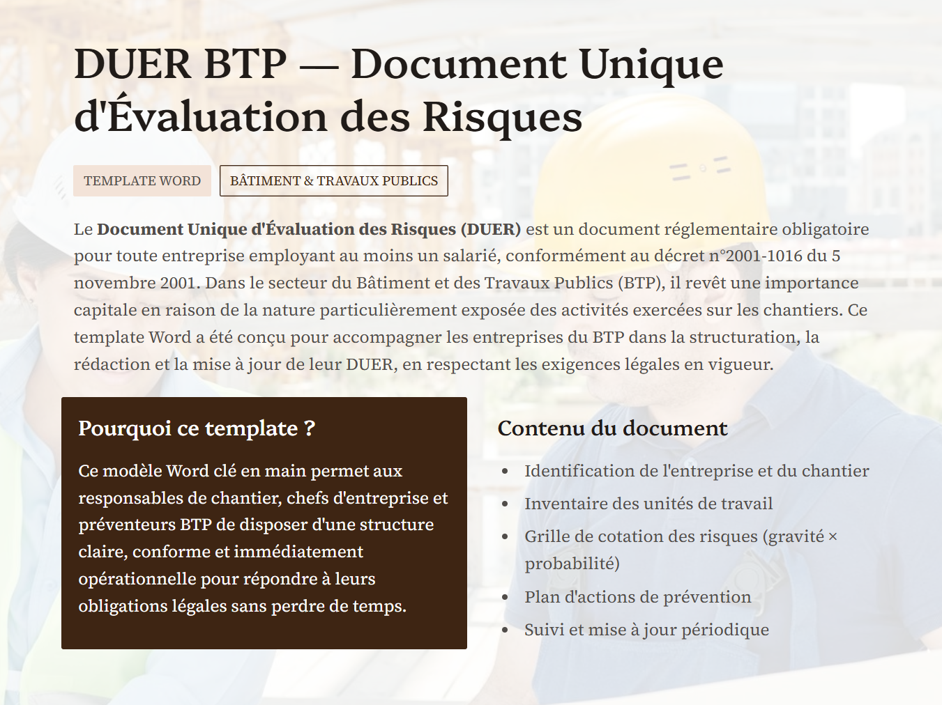 DUER BTP — Document Unique Évaluation des Risques — Template Word