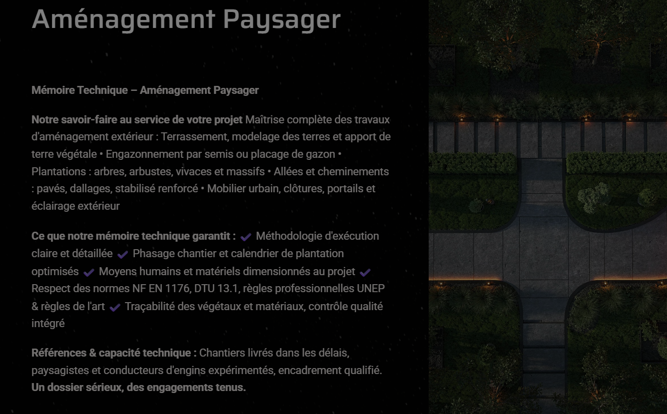 Pack Mémoire Technique Aménagement Paysager — MT + PPSPS + SOGED + SOPAQ