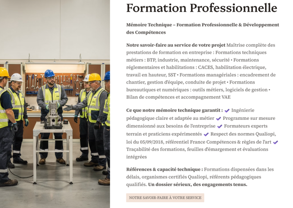 Pack Mémoire Technique Formation Professionnelle — MT + PPSPS + SOGED + SOPAQ