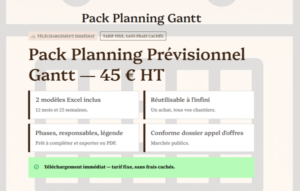 Pack Planning Prévisionnel Gantt — 12 Mois + 25 Semaines — Marchés Publics — 45 € HT