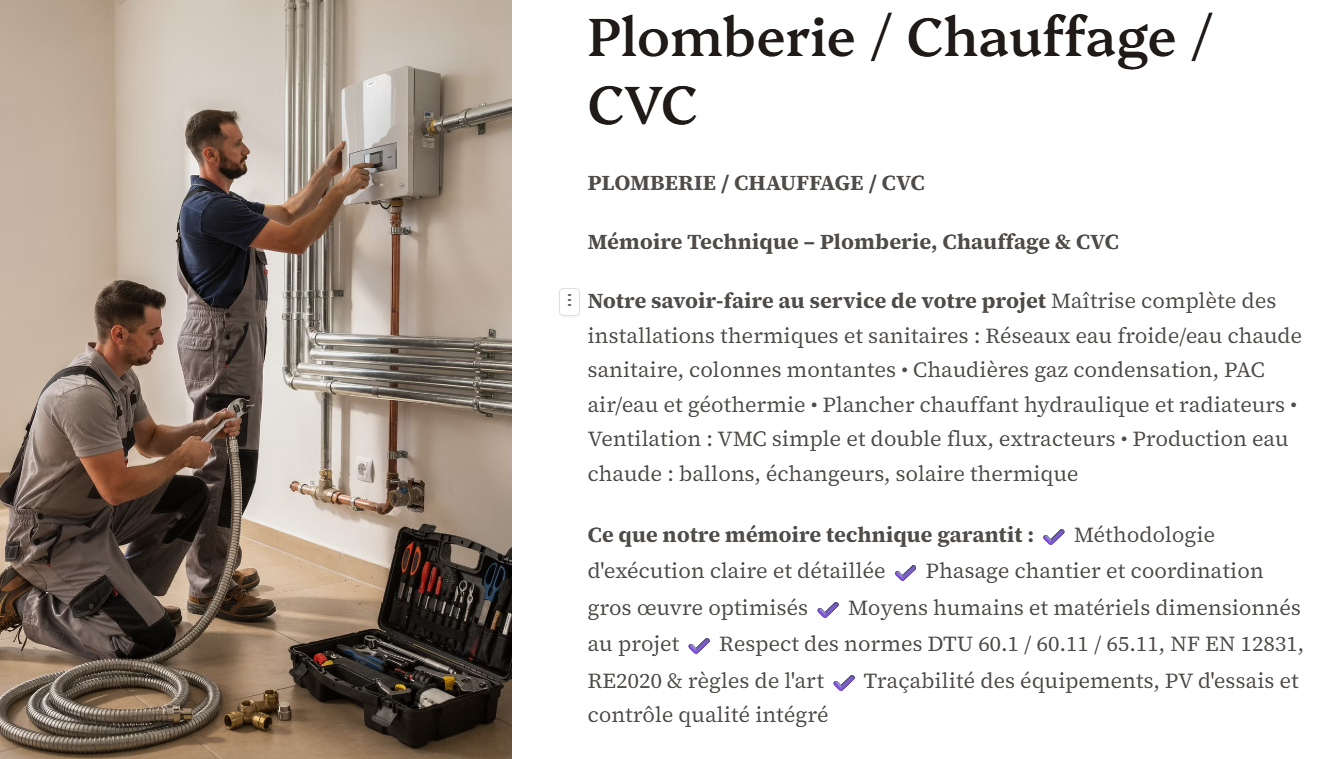 Pack Mémoire Technique Plomberie Chauffage CVC — MT + PPSPS + SOGED + SOPAQ