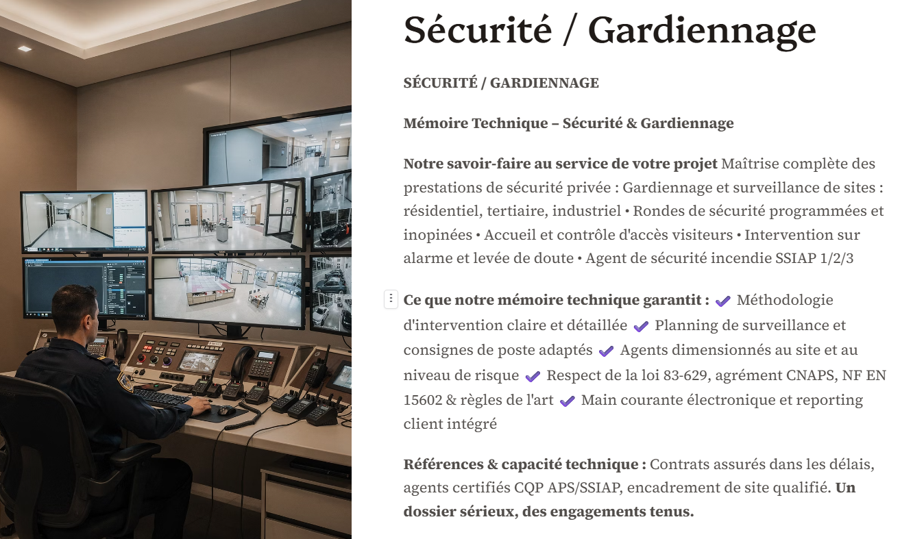 Pack Mémoire Technique Sécurité Gardiennage — MT + PPSPS + SOGED + SOPAQ