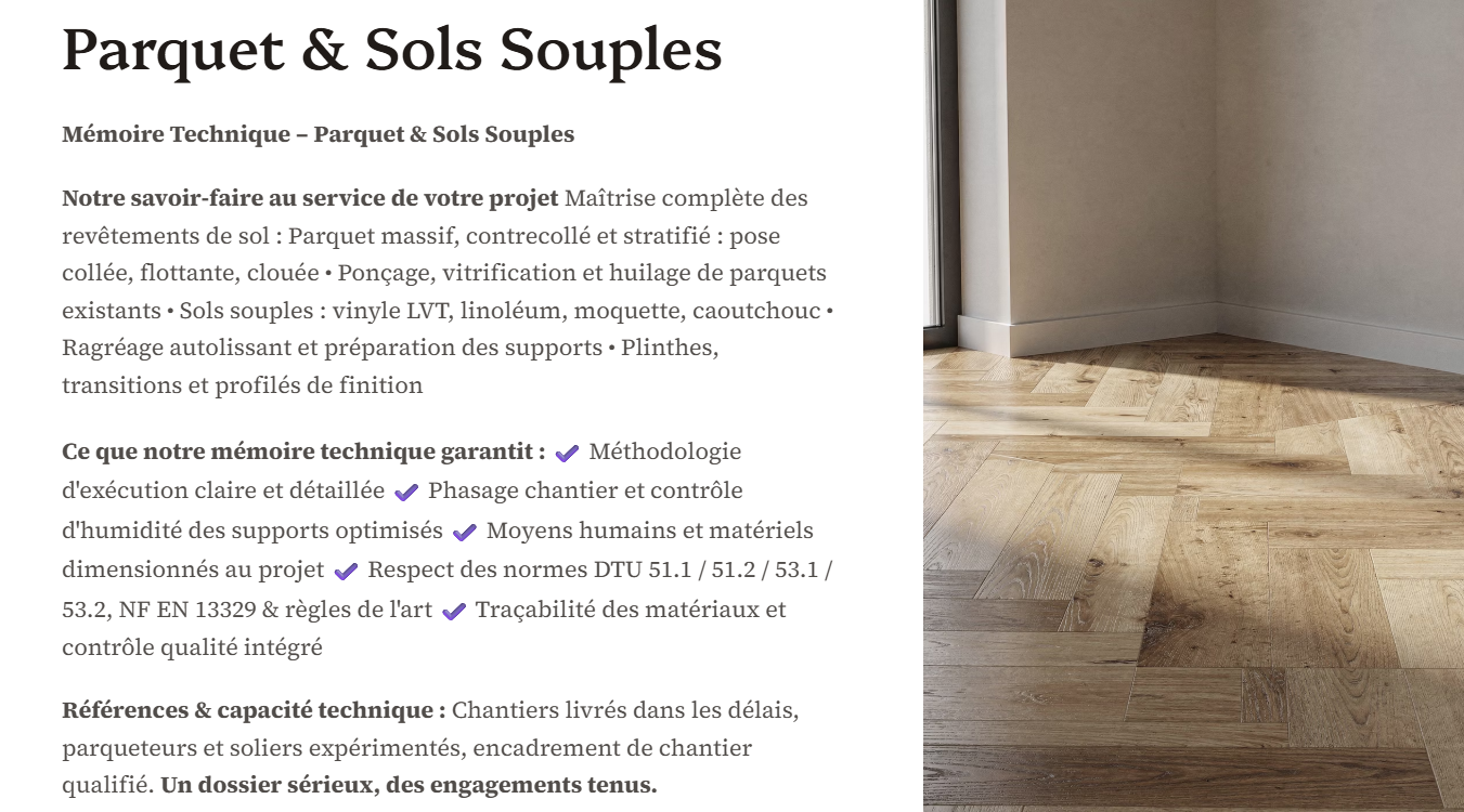 Pack Mémoire Technique Parquet Sol Souple — MT + PPSPS + SOGED + SOPAQ