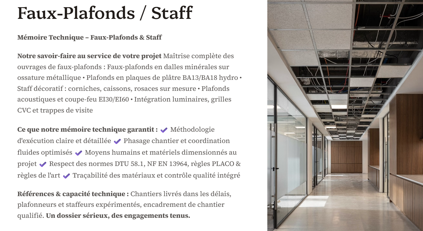 Pack Mémoire Technique Faux Plafond Staff — MT + PPSPS + SOGED + SOPAQ