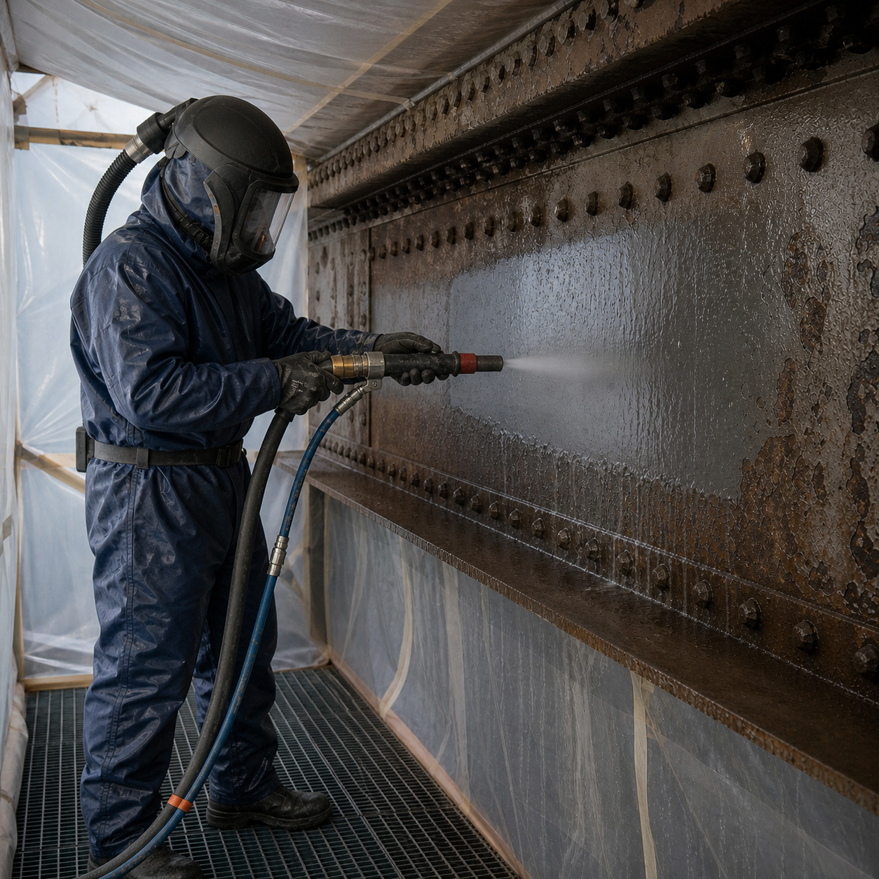 Specialist natstraalt een stalen constructie met volledige beschermingsmiddelen