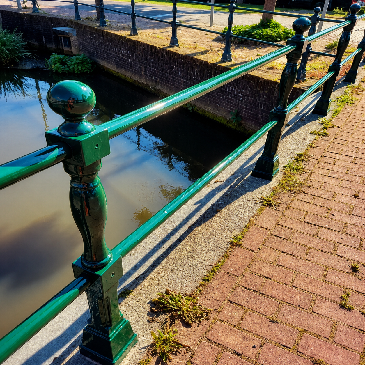 Geconserveerde groene brugleuning langs een watergang