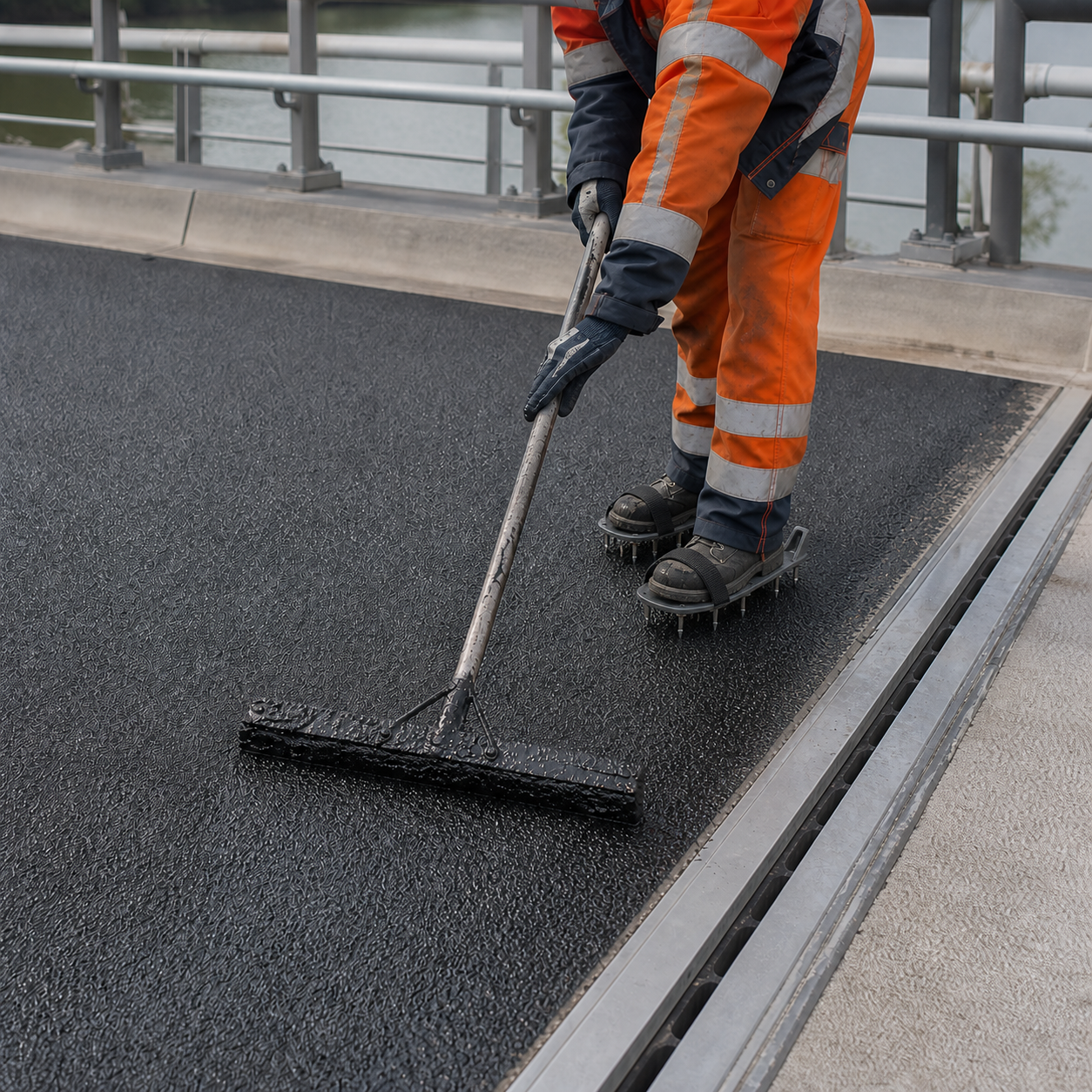 Bouman-medewerker brengt een antislip slijtlaag aan met spijkerschoenen