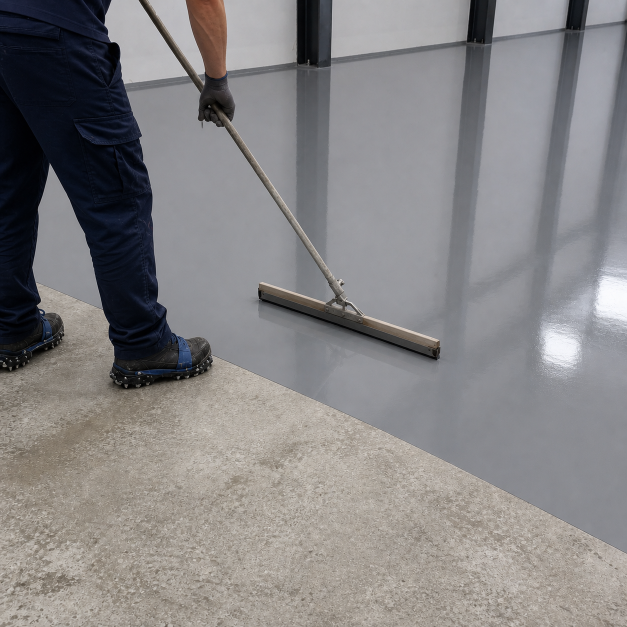 Bouman-medewerker brengt een egale hoogglans bedrijfsvloer aan