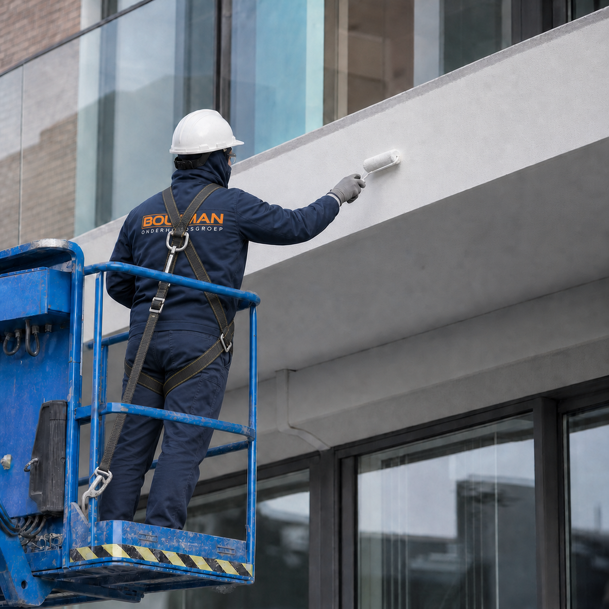 Bouman-medewerker brengt strak gevelonderhoud aan vanuit een hoogwerker