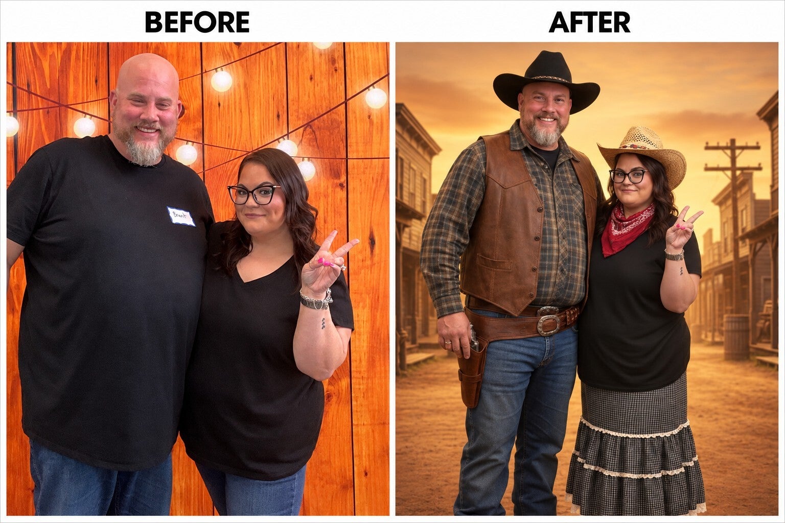 Before and after AI photo booth example transforming a couple into a Western scene.