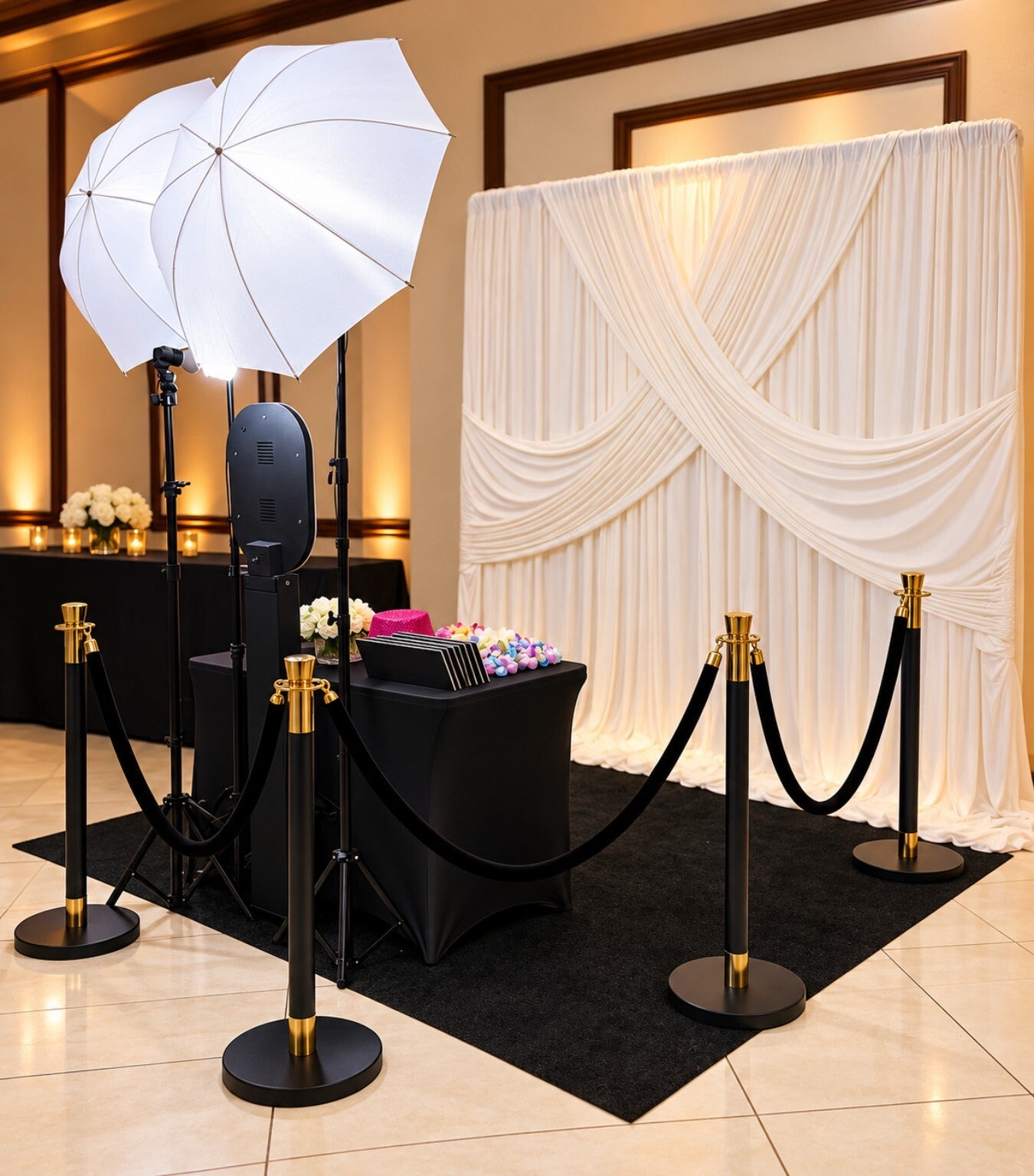 Agape and Grace Events photo booth with umbrella lighting, white drapery, and a prop table.