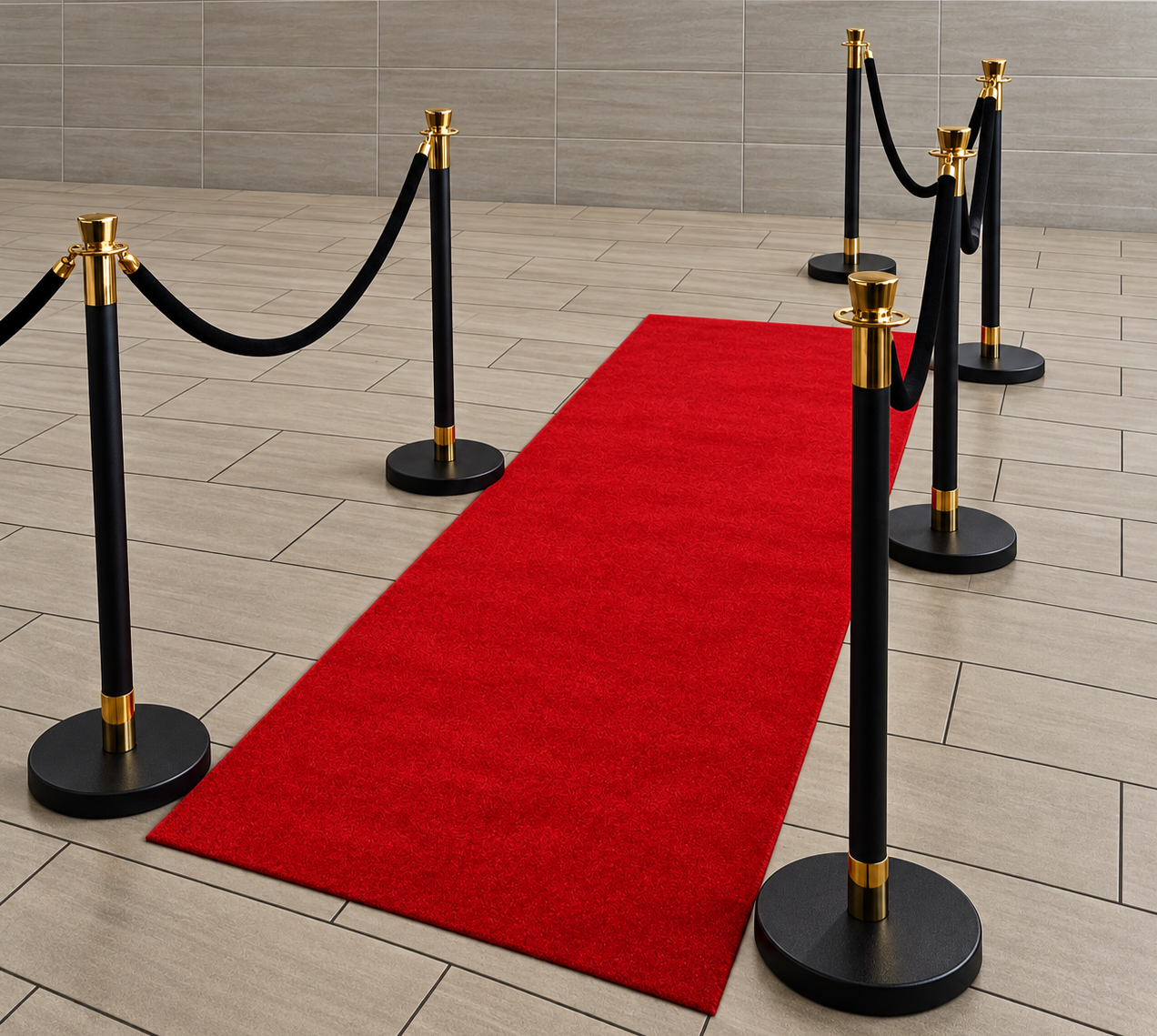 Red carpet entrance bordered by gold and black stanchions with black ropes.