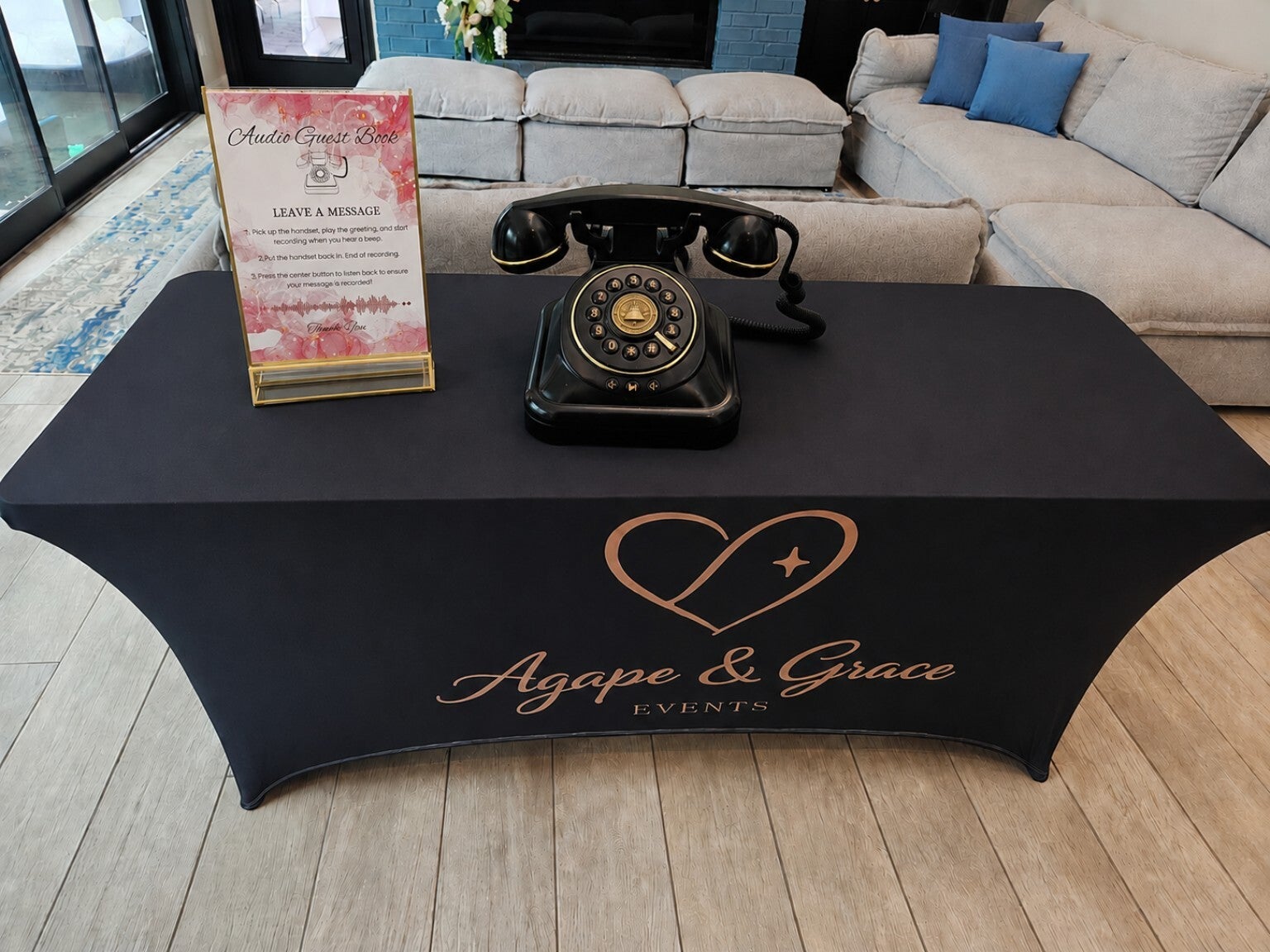 Vintage black audio guestbook phone on an Agape and Grace Events table.