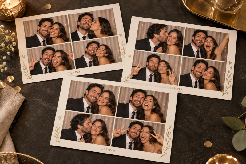 Sample 4×6 photo booth prints with four-photo collages and gold borders