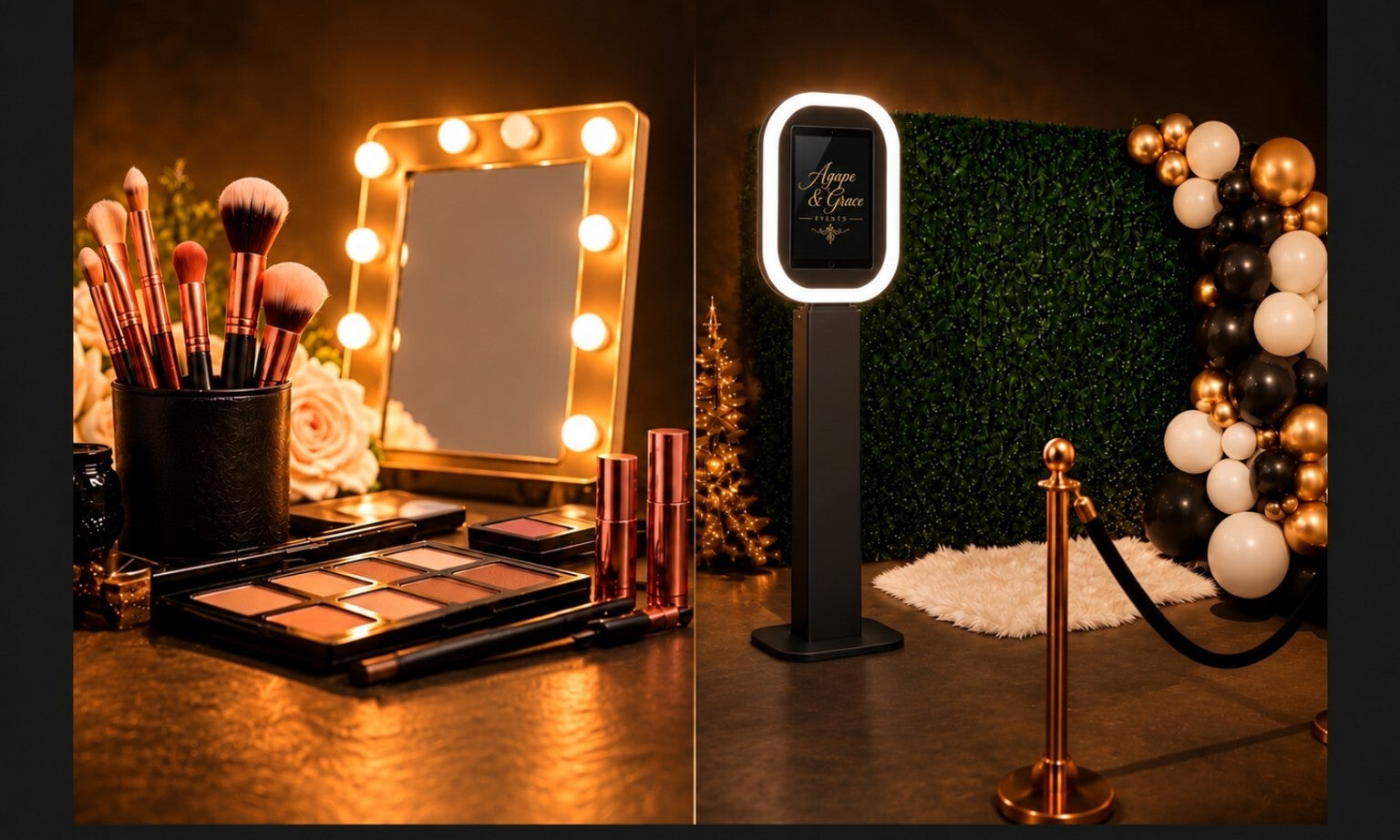 Makeup brushes and an illuminated vanity mirror beside an Agape and Grace Events photo booth with a greenery backdrop and gold, black and white balloons.