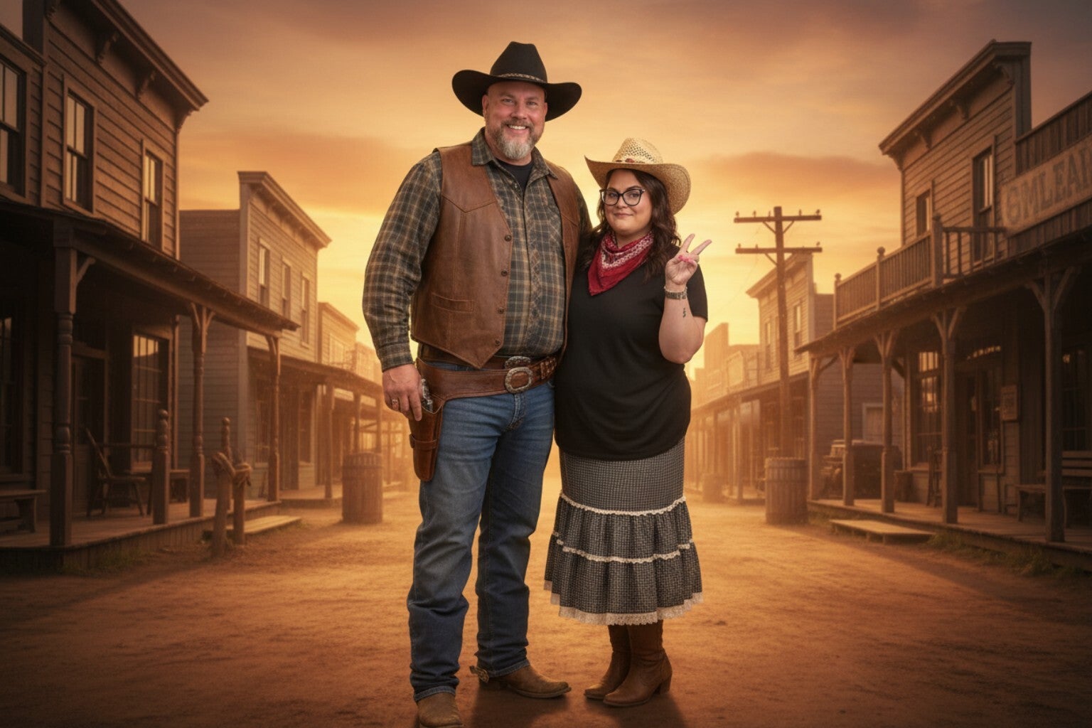 Virtual background example showing a couple in a Western town scene.