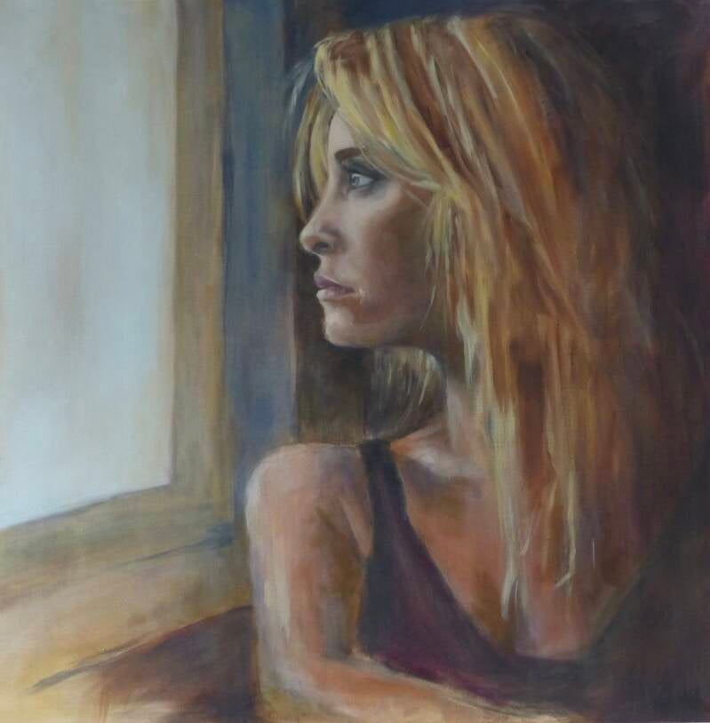 Vrouw kijkt uit raam, 80x80 cm, olieverf op linnen, 2025