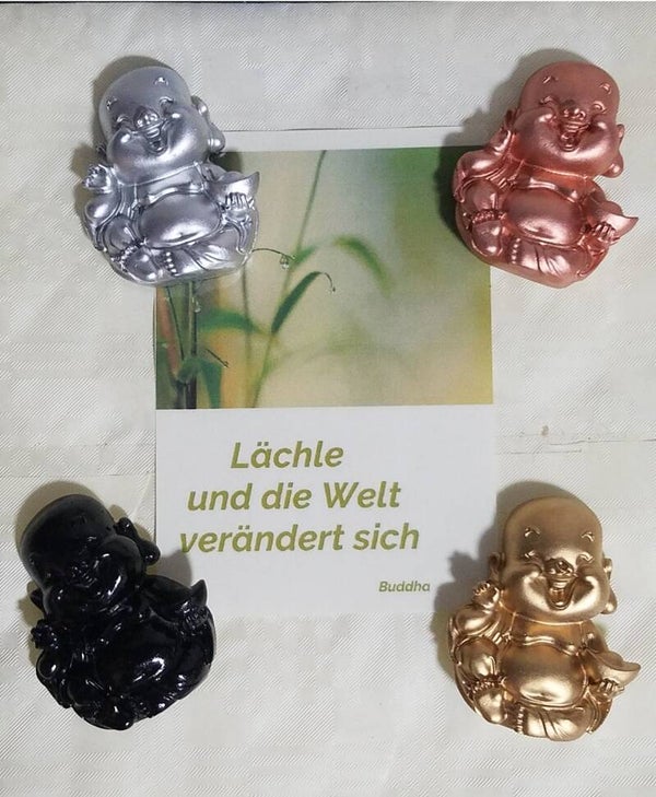 Kühlschrankmagnet mit Spruchkarte,  "Lachender Buddha (mit Schale)"