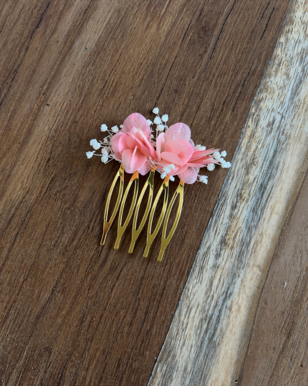 Peigne fleurs séchées rose/blanc